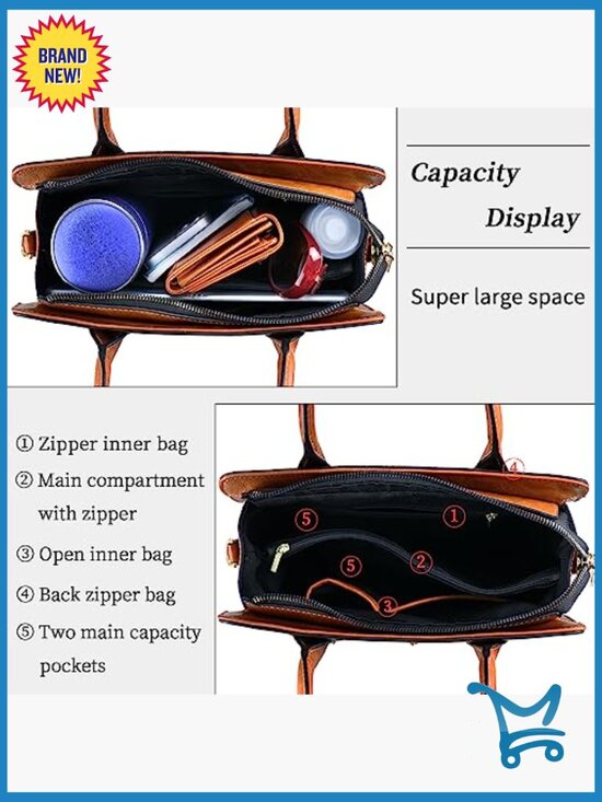 Faux Leather Crossbody Tote Bag with Adjustable Strap and 7 Compartments